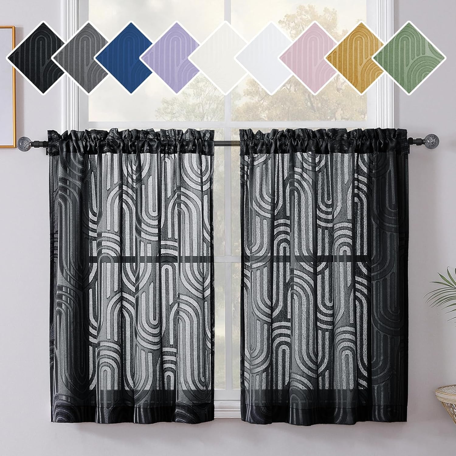 Sheer Black Curtains Kitchen 36 Inch Length 2 Panels Set for Window, Soft Airy Geometric Jacquard Semi Sheer Curtains for Bathroom, Modern Rod Pocket Window Curtains, 42Wx36L Inches