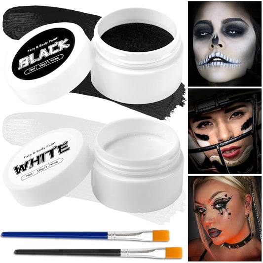 Black + White Face Body Paint Set 3.5Oz/100G, Non-Toxic Professional Facepaint Makeup Kit with 2 Brushes for Kids & Adults Art Theater Halloween Party Cosplay Clown Corpse Goth SFX Makeup