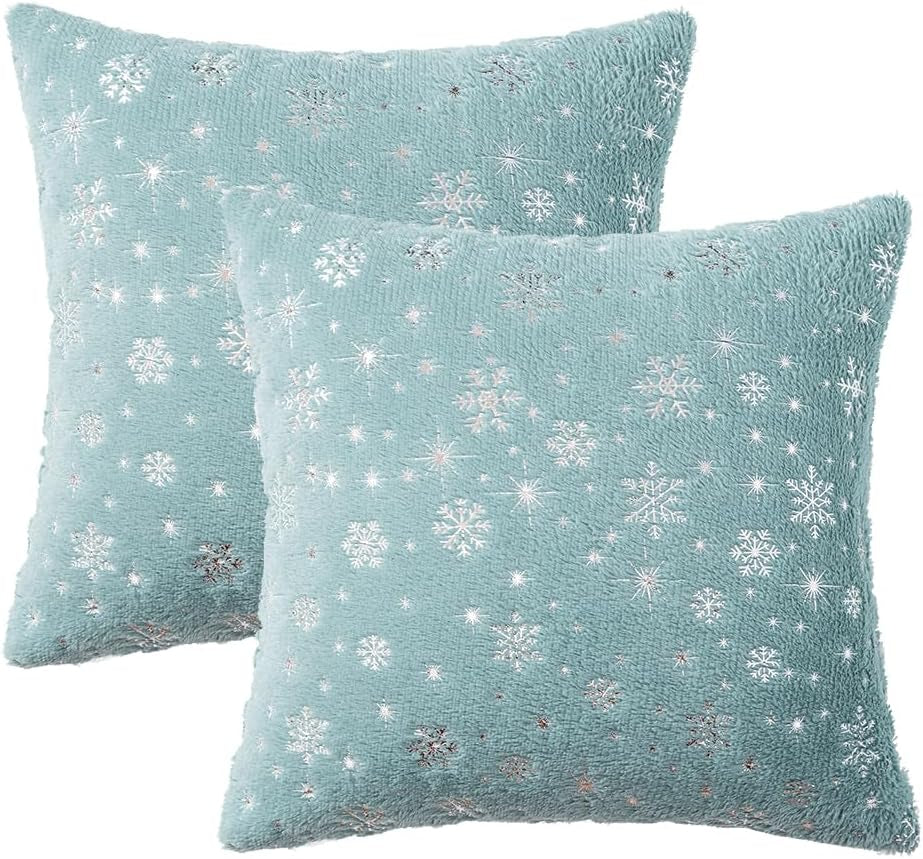 Set of 2 Christmas Decorative Throw Pillow Covers Soft Faux Fur Winter Pillow Covers with Silver Snowflake Glitter Holiday Festival Pillowcases for Couch Sofa Bed, 18×18Inch, Aqua Green