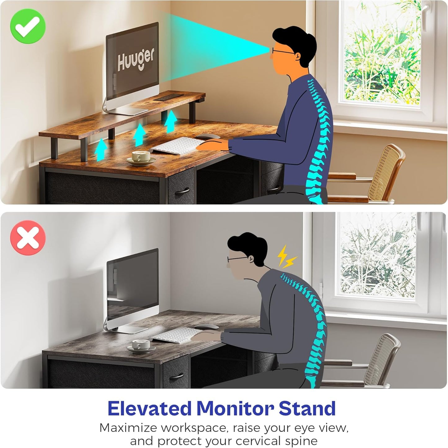 47-Inch Computer Desk with Four Drawers, LED Lighting, and Power Outlets - Spacious Home Office and Gaming Desk in Rustic Brown and Black