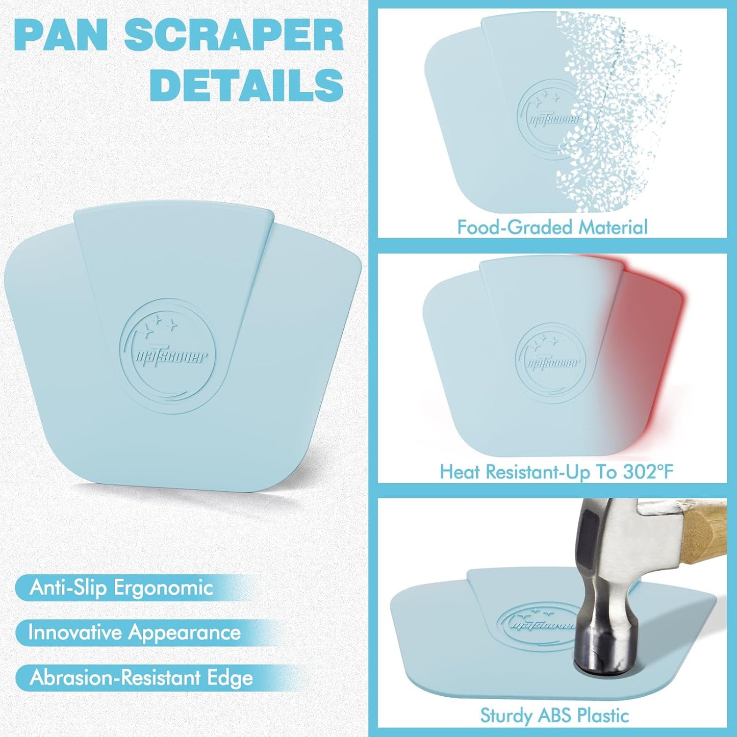 Pan Scraper Dish Scraper Tool - Pot Scraper Plastic for Cast Iron Skillet Cookware Cleaning, 6 Pcs Non Scratch Plastic Food Scraper Tool Kitchen, Heat Resistant Kitchen Scraper, Blue