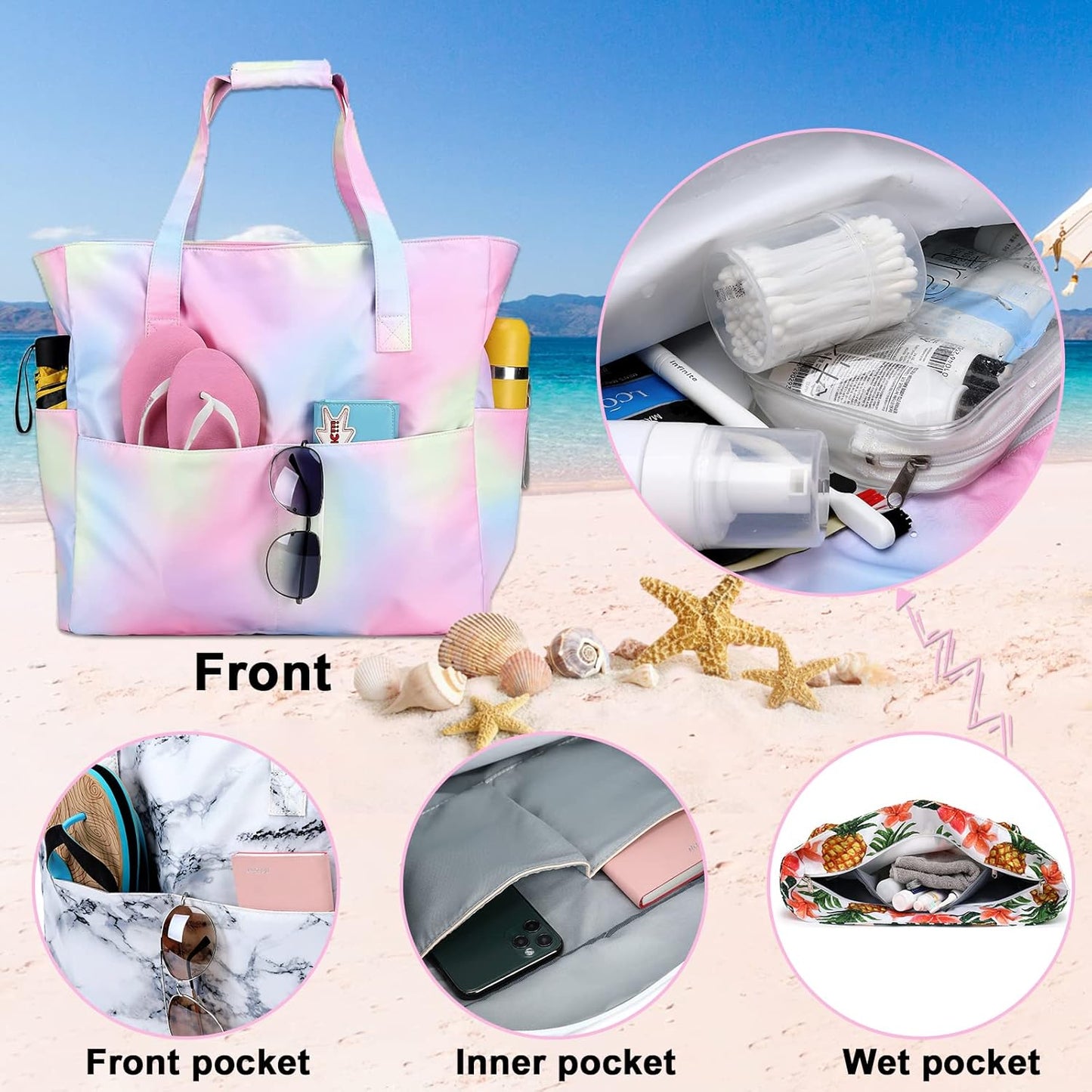 Beach Pool Bags Tote for Women Ladies Large Gym Tote Carry on Bag with Wet Compartment for Weekender Travel Waterproof