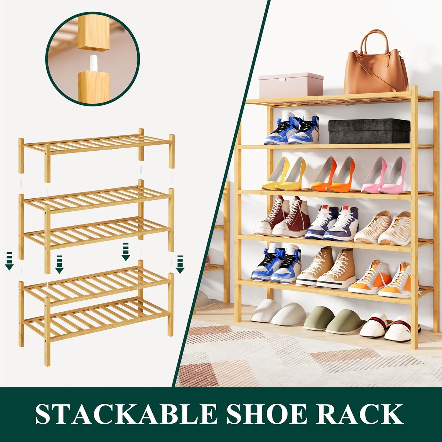 Shoe Rack, 2 Tier Bamboo Shoe Organizer, Stackable Free Standing Wooden Shoe Storage Shelf for Closet, Entryway, Front Door Entrance, Natural