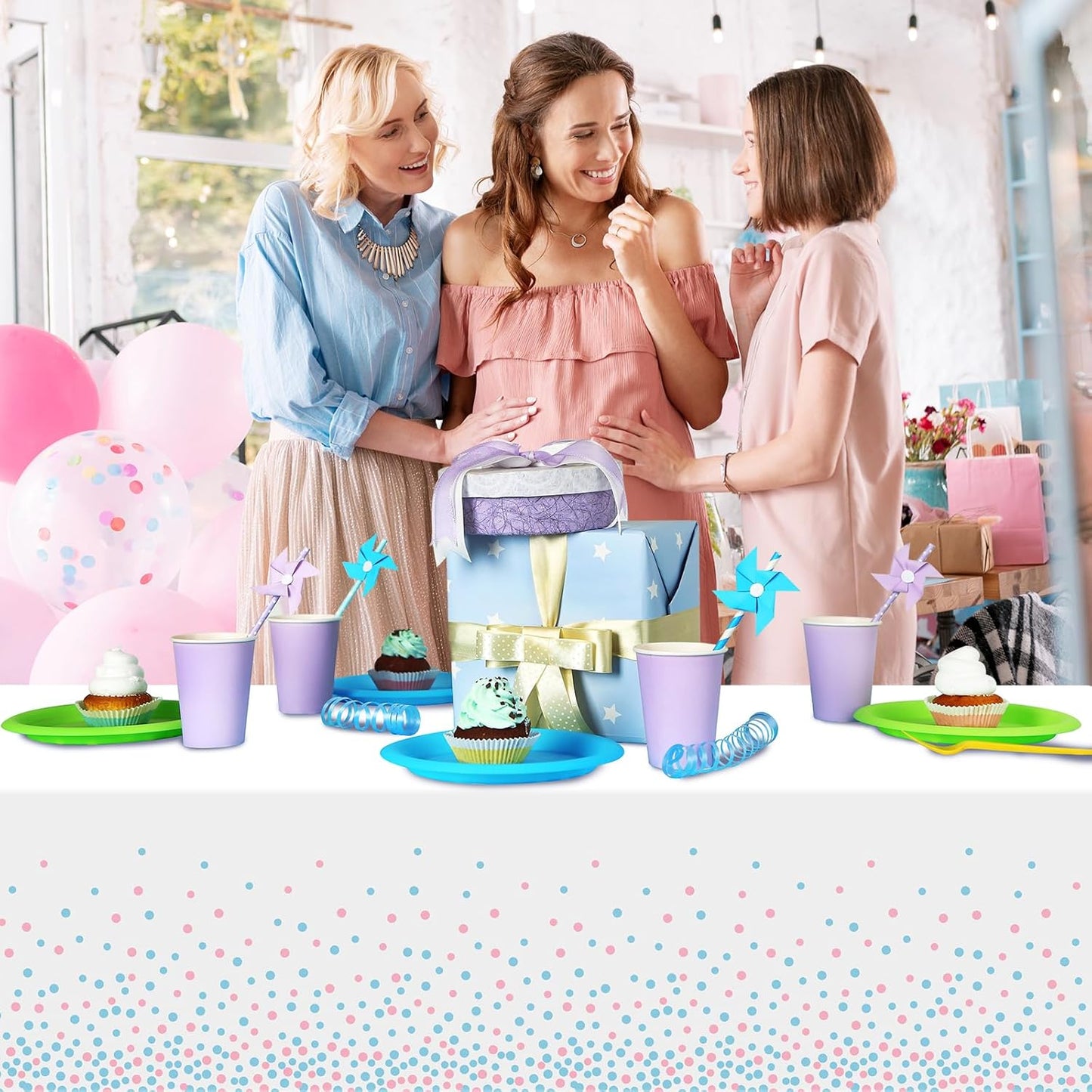 3Pack White and Pink Blue Plastic Tablecloth, White Disposable Table Cloth for Rectangle Tables, Pink Blue Stamping Dot White Tablecloth for Gender Reveal Baby Shower Birthday Party Supplies, 54"X108"