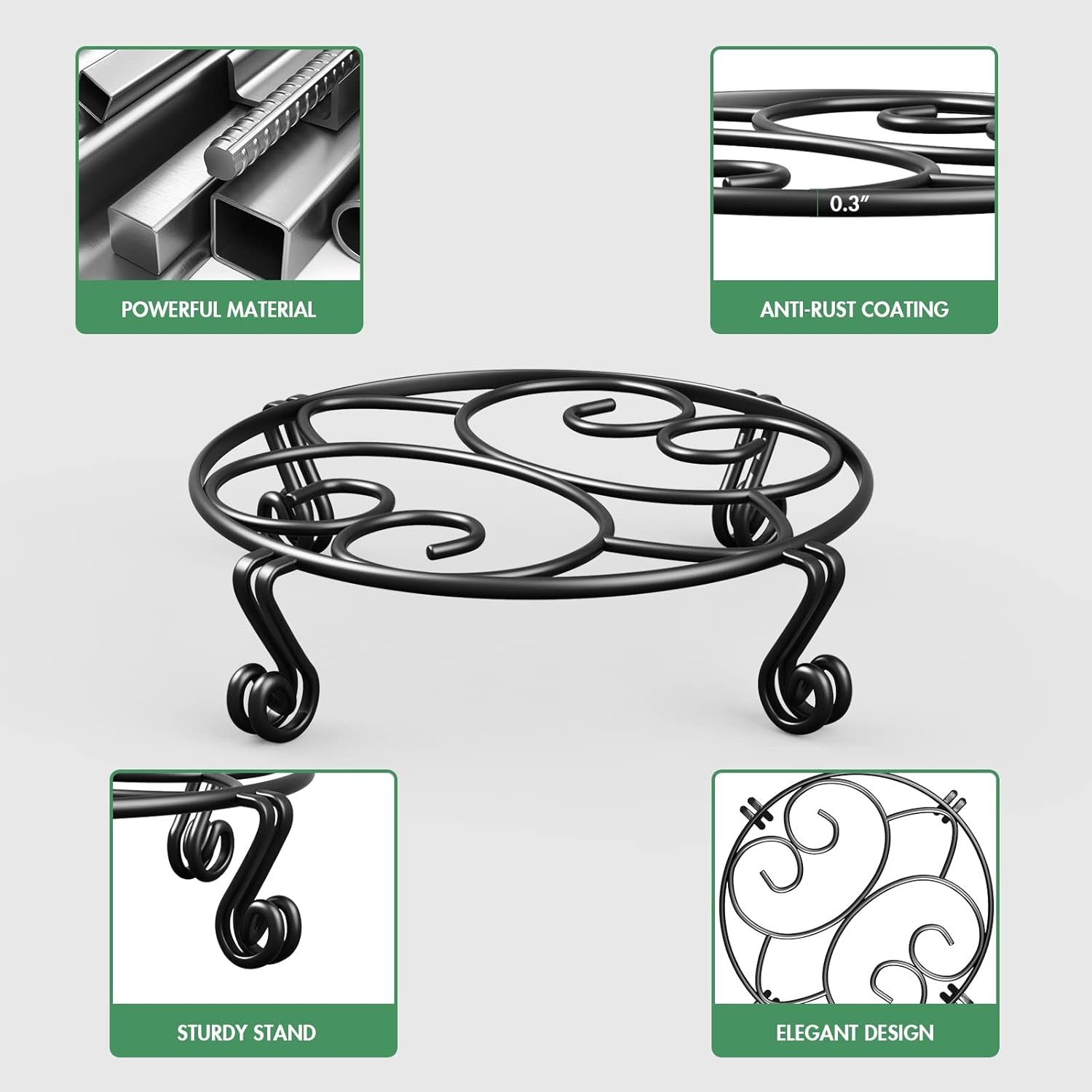 2 Pack Plant Stand for Flower Pot Heavy Duty Potted Holder Indoor Outdoor Metal Rustproof Iron Garden Container round Supports Rack for Planter (11.8Inches, Black)