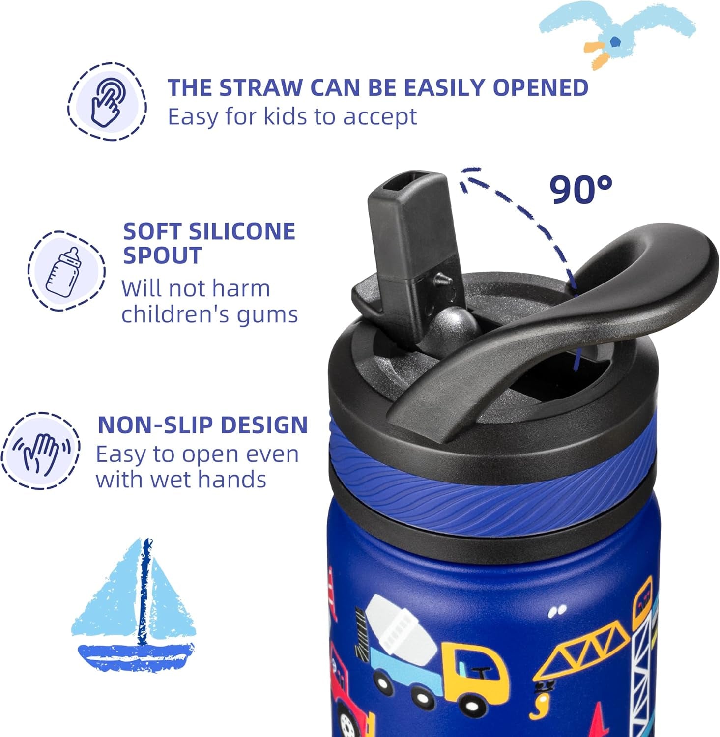 14 Oz Kids Insulated Water Bottle with Straw - Stainless Steel Double Wall Vacuum Cup, Leakproof, BPA Free, Suitable for Boys and Girls(Blue - under Construction)