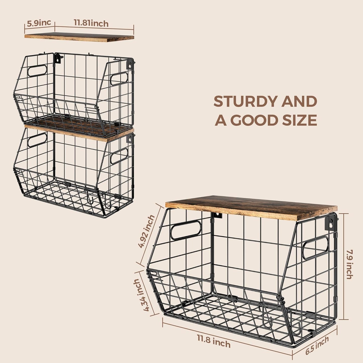 Stackable Metal Fruit Basket with Wood Lid 2-Pack,Hanging Wall Organizer for Kitchen Counter,Pantry Storage for Onions,Potatoes,Fruits,Spices,Black
