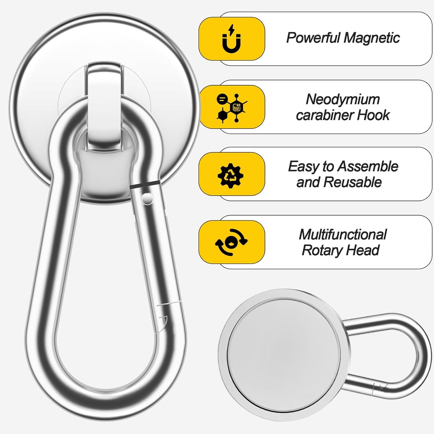 4Pack Magnetic Hooks with Swivel Carabiner, 50LBS Neodymium Magnet Hooks Heavy Duty, Strong Magnetic Hooks for Hanging, Magnet with Hook for Outdoor, Garage, Warehouse, Home