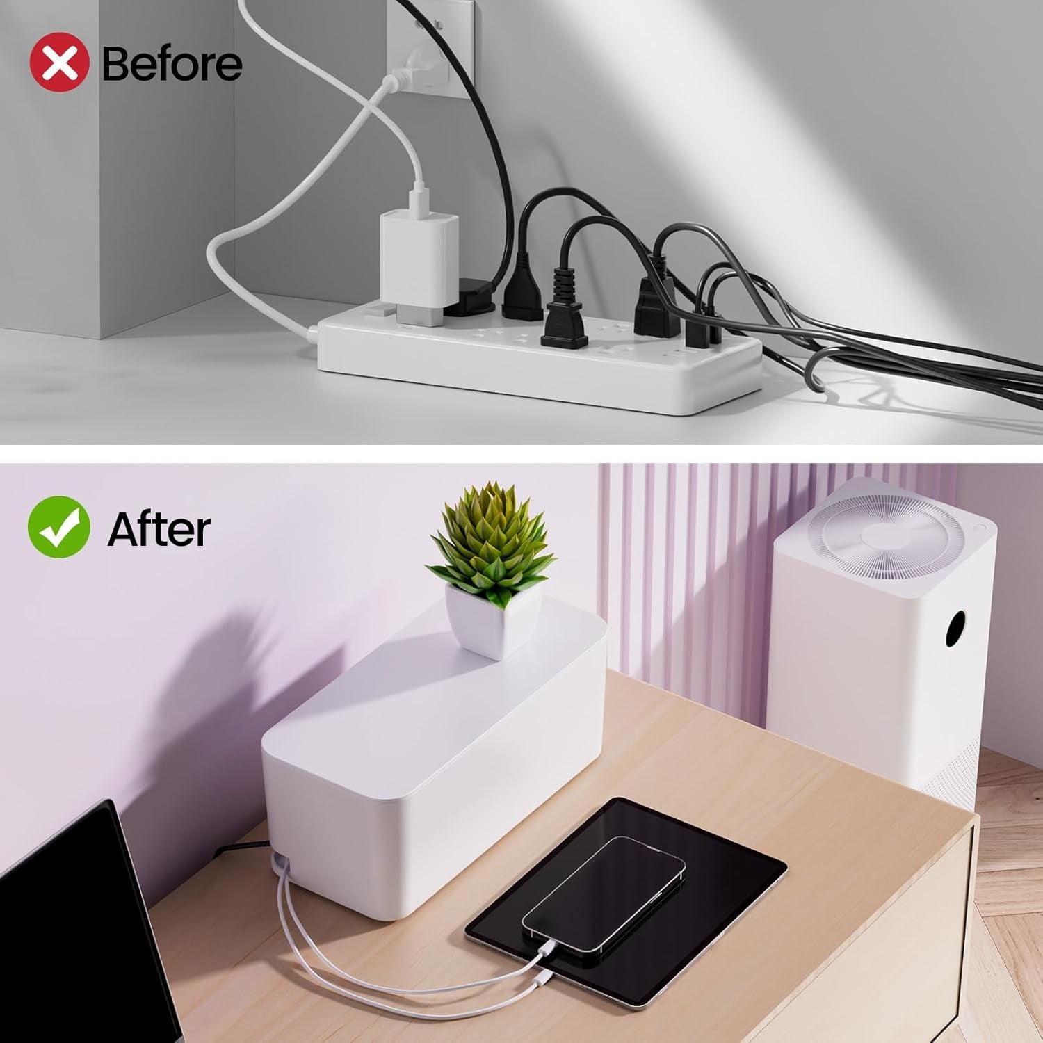 2 Pack Cable Management Box, Stylish Cord Organizer for Desk, Pet & Child-Proof ABS Cords Hider Box, under Desk Cable Box for Computer Router USB Hub & Power Strip, White