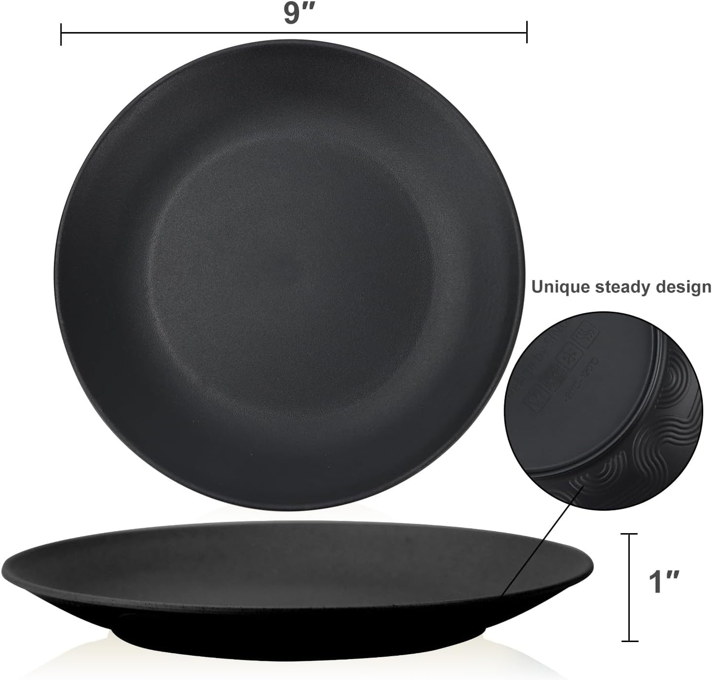 Set of 8 Durable 10-Inch Black Reusable Dinner Plates, Microwave and Dishwasher Safe, Perfect for Camping, Kitchen, Parties, and Various Occasions