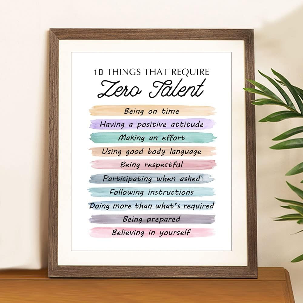 10 Things That Require Zero Talent Quote, Being on Time, Effort Body Language, Motivational Poster, Typography Art, Office Wall Decor, Success Tips, Classroom Decor, No Framed (11X14 INCH)