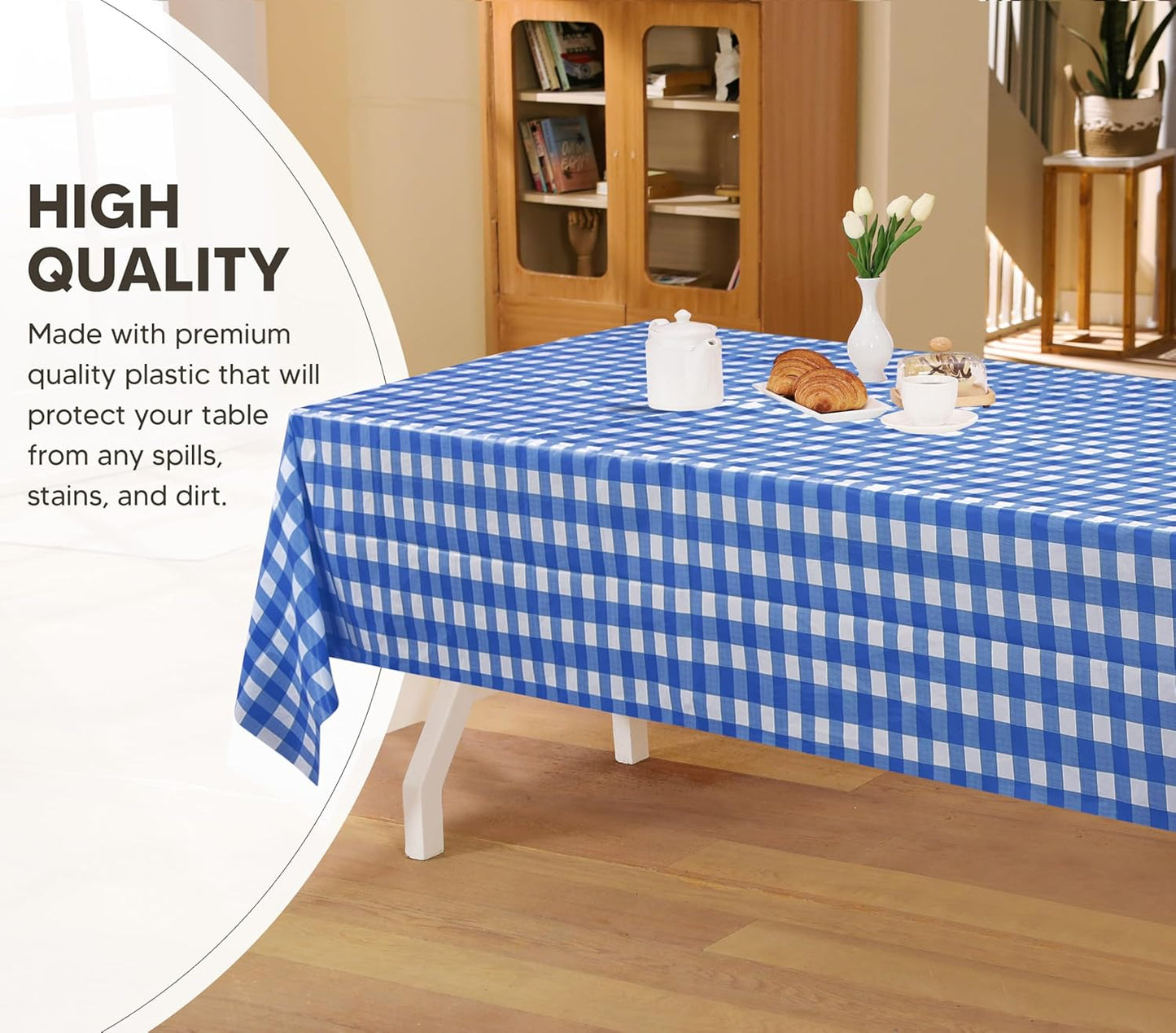 Plastic Table Cloth Disposable (12 Pack - 54X108 Inch) Blue Check Rectangle Tablecloth Waterproof Stain Resistant Party Table Cover