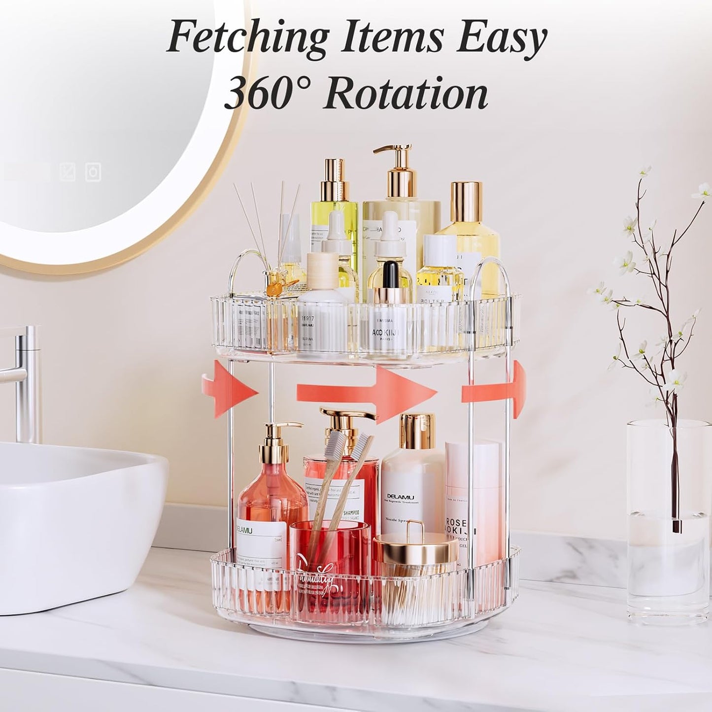 Rotating Bathroom Countertop Organizer, Large Capacity 2-Tier Multi-Function Storage for Cosmetics, Skincare, and Perfume. Makeup Organizer Countertop Ideal for Dresser, Bathroom,Vanity, Clear