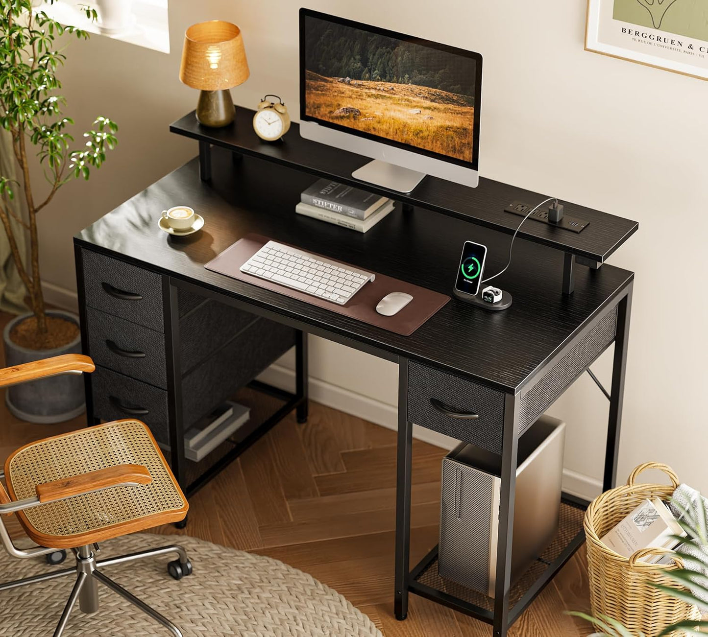 47-Inch Computer Desk with 4 Drawers, LED Lighting, and Power Outlets - Spacious Home Office and Gaming Desk in Black