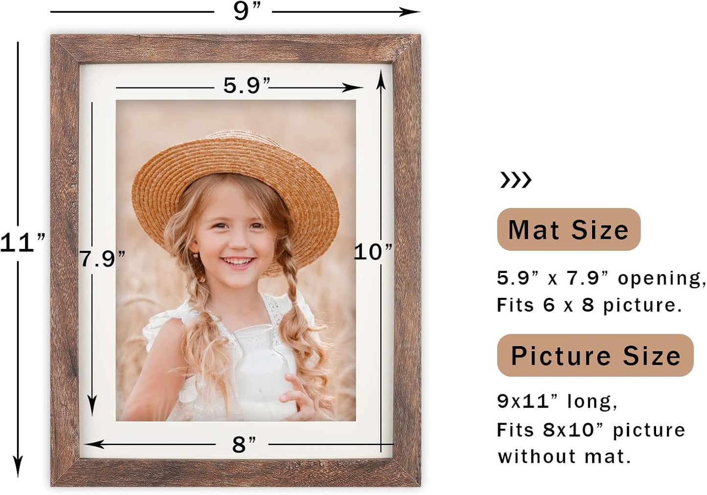 Brown Wood 8x10 Picture Frames with Mat for 6x8 Photos or Without Mat for 8x10 Photos, Distressed Finish, Set of 2 for Wall and Tabletop Display