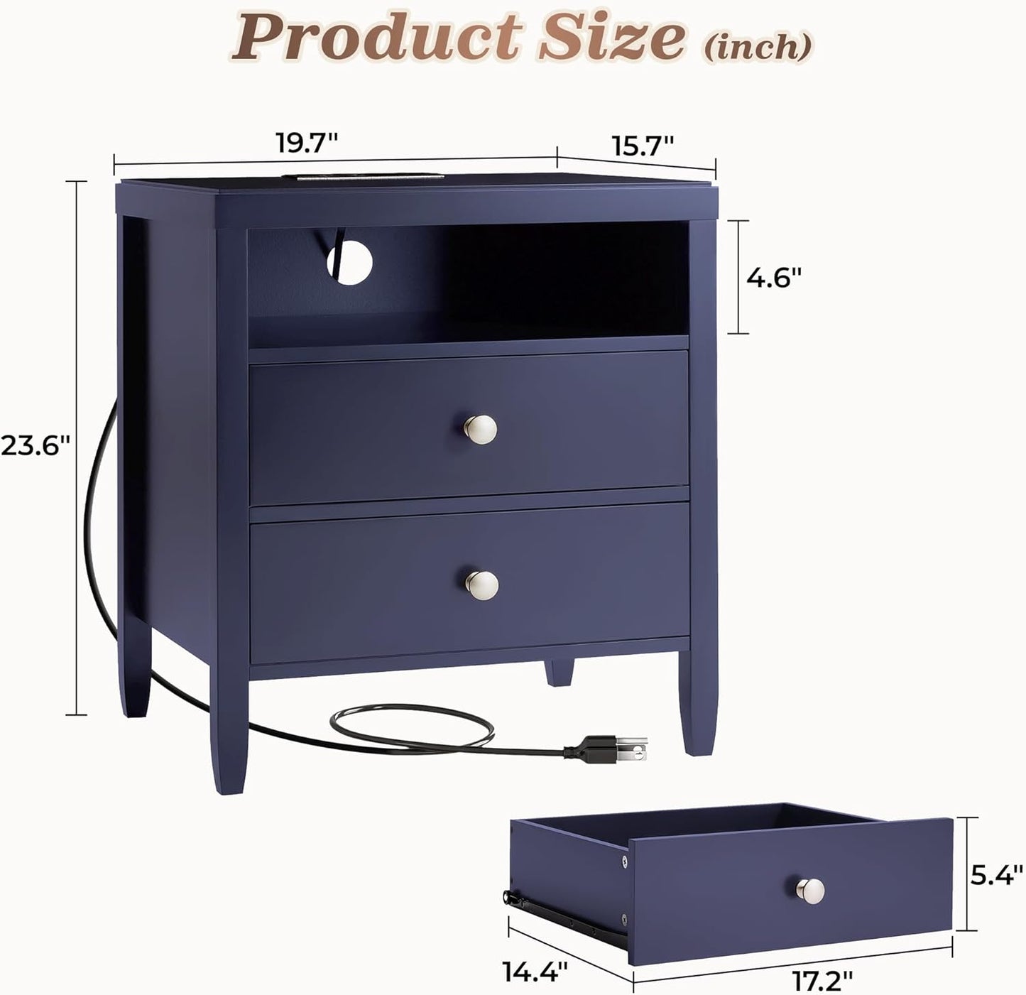 Modern Blue Nightstand with Charging Station and Two Drawers, Stylish Bedside Table for Bedroom Storage with Metal Knobs and Painted Finish