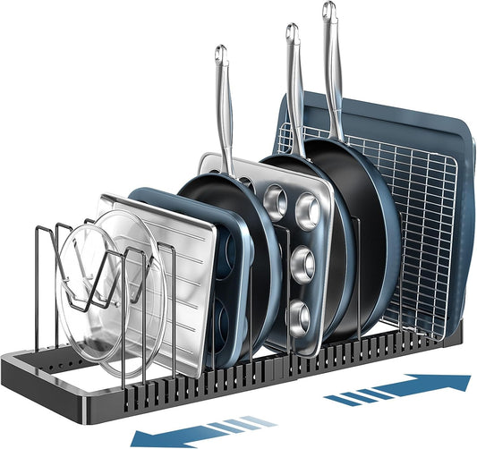 Pots and Pans Organizer Rack for Cabinet, Expandable Pot Lid Organizer Holder with 10 Adjustable Compartment, Kitchen Cabinet Organizer for Lids & Bakeware - Pantry & Countertop Storage Rack