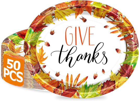 50 Pcs Thanksgiving Plates, 12.2 × 10.2 Inches Oval Thanksgiving Paper Plates, Maple Designs Disposable Fall Dinnerware, Heavy Duty Autumn Platters for Harvest Party Supplies Decorations