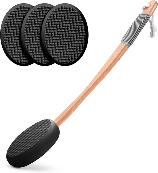 Lotion Applicator for Back, Feet, 4 Replacement Pads with 17" Curved Handle, Back Sunscreen Applicator for Kids, Elderly, Women, Apply Skin Cream Medicine Moisturizer Tanner, Black