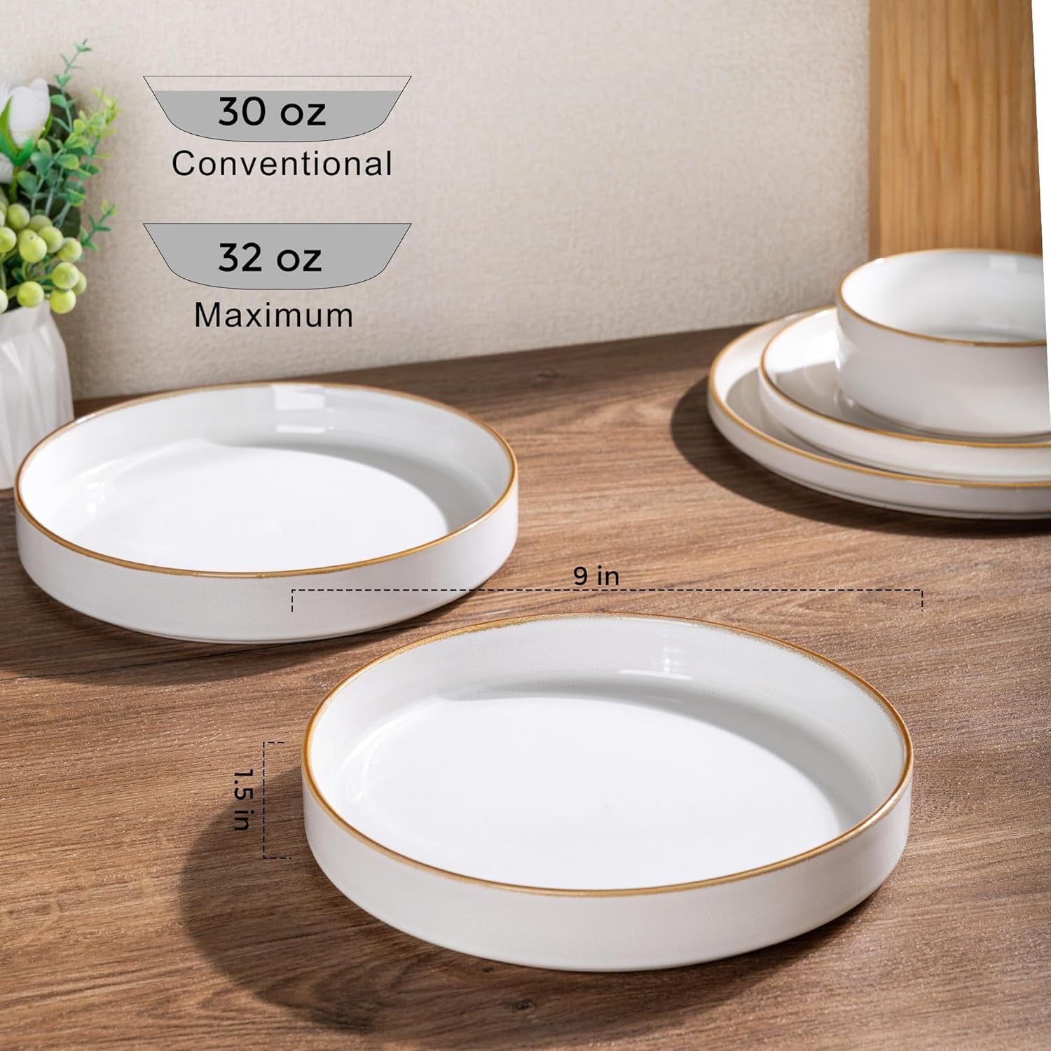 Large 9-Inch Ceramic Pasta Bowls Set of 4, 32 Oz Stoneware Serving Bowls for Kitchen, Versatile Wide Bowls for Fruit, Pasta, Salad, Oatmeal, Microwave Safe, Pearl White