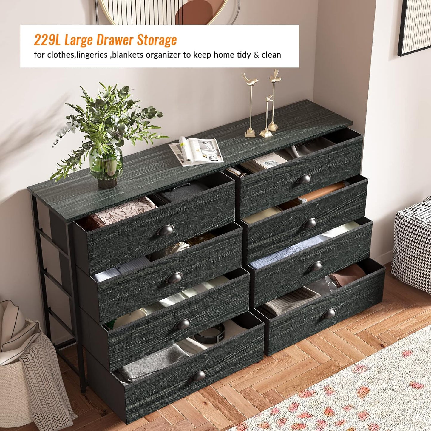 Elegant Wide Dresser with 8 Fabric Drawers and Wood Top for 55'' TV, Versatile Storage Solution for Bedroom, Living Room, Dorm, Closet, and Entryway (Black Oak)