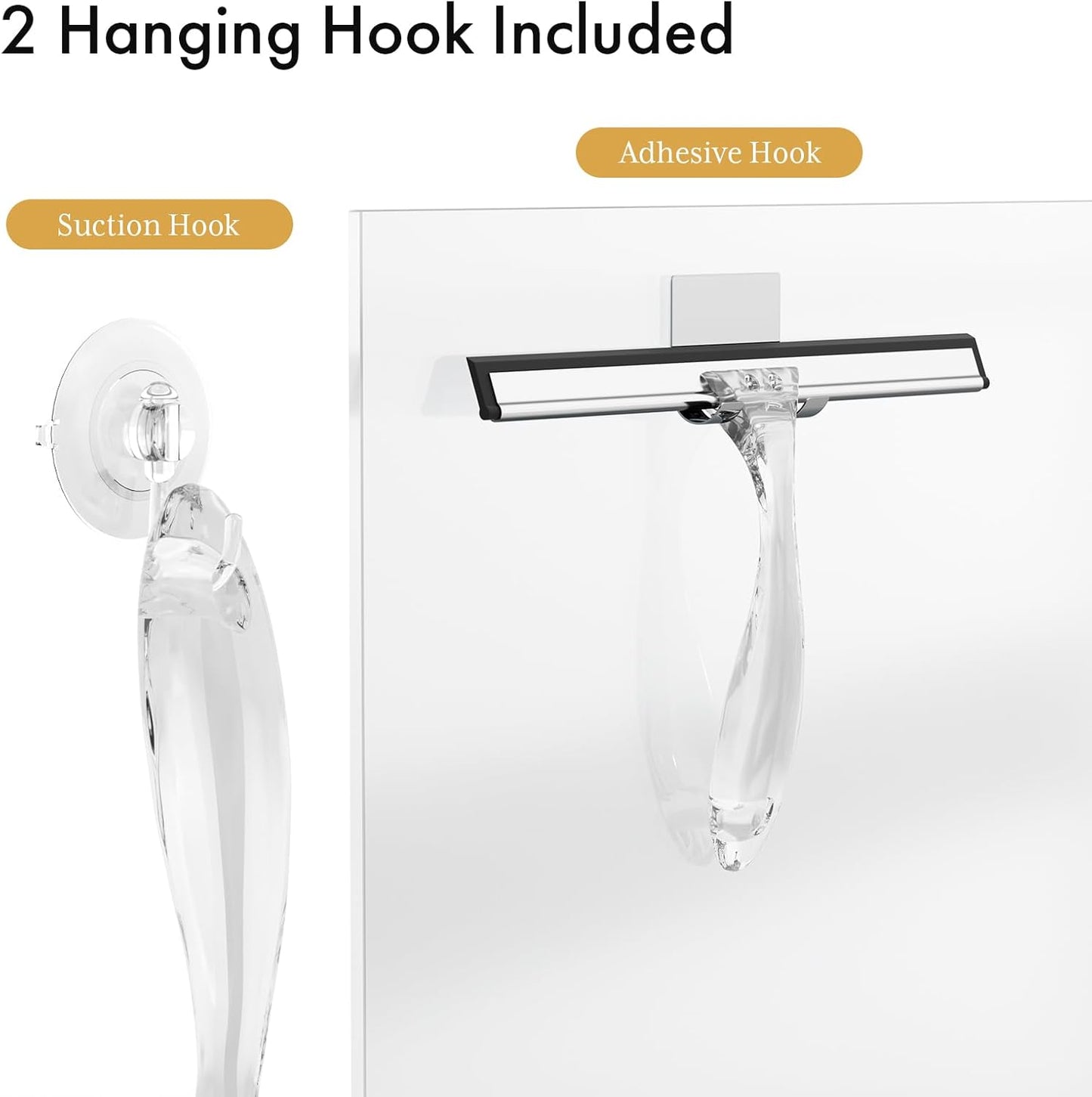 Shower Squeegee for Glass Doors, All-Purpose Squeegee with Suction Hook & Adhesive Hook, Clear Squeegee for Shower Glass, Windows, Mirrors, Tiles and Car Windows - 10 Inches, Clear