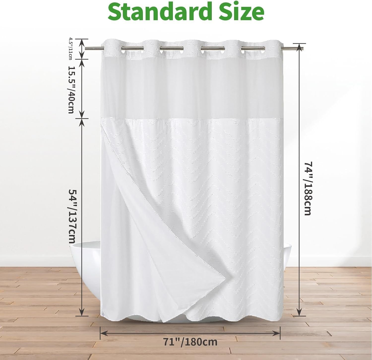 No Hook Tufted Chevron Striped Shower Curtain with Snap-In Fabric Liner Set-71Wx74H,Hotel Grade,Boho Style Waterproof Shower Curtain with See through Top Window,White