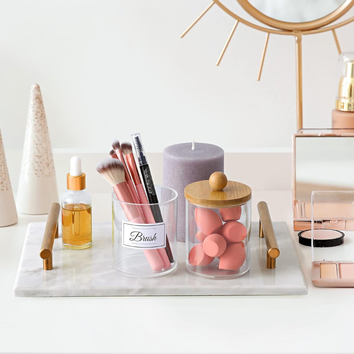 2 Pack Qtip Holder Dispenser with Bamboo Lids - 10 Oz Clear Plastic Apothecary Jar Containers for Vanity Makeup Organizer Storage - Bathroom Accessories Set for Cotton Swab, Ball, Pads, Floss