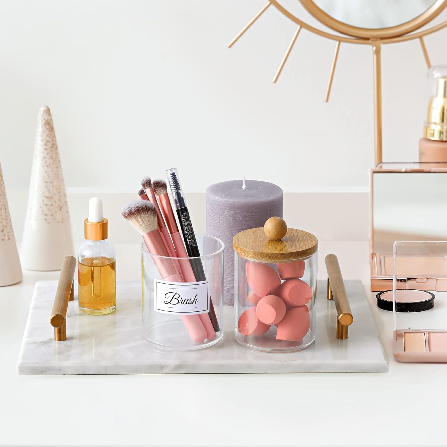 2 Pack Qtip Holder Dispenser with Bamboo Lids - 10 Oz Clear Plastic Apothecary Jar Containers for Vanity Makeup Organizer Storage - Bathroom Accessories Set for Cotton Swab, Ball, Pads, Floss