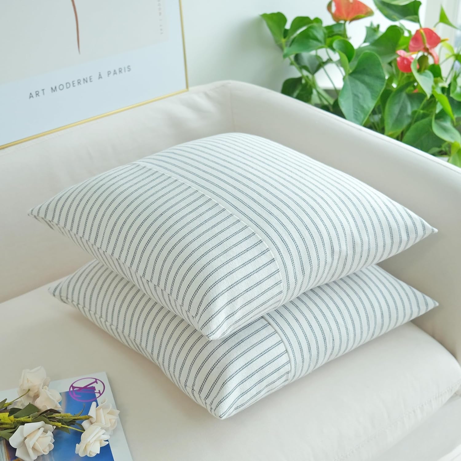 Grey and Beige Patchwork Farmhouse Pillow Covers 18X18 Inch, Pack of 2 Striped Linen Decorative Modern Accent Pillow Cases for Sofa Couch Bedroom 18 X 18