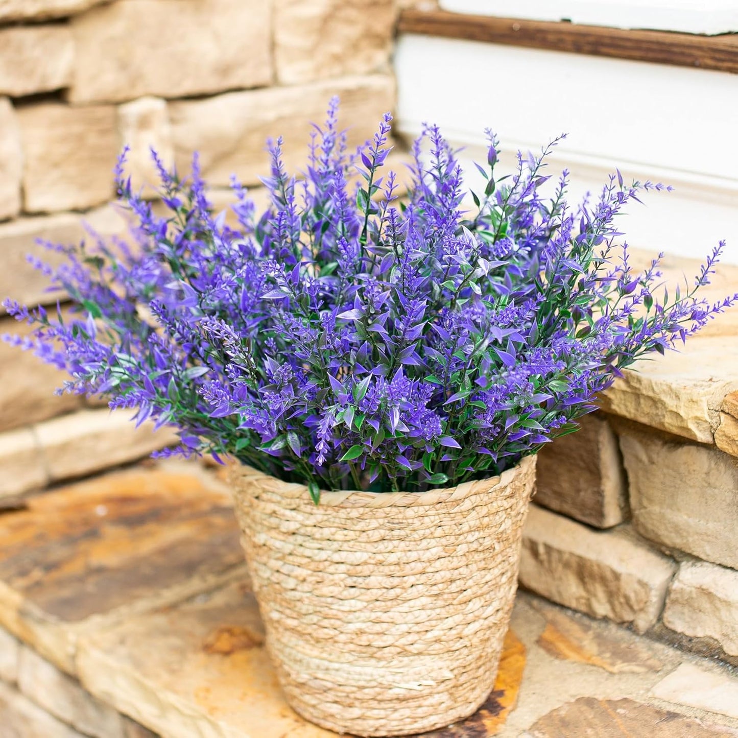 Artificial Plants Outdoor Flowers Spring Decoration, 10 Bundles Fake Plastic Greenery UV Resistant Realistic Faux Lavender Look Real for Home Porch Planter Window Patio (Purple)