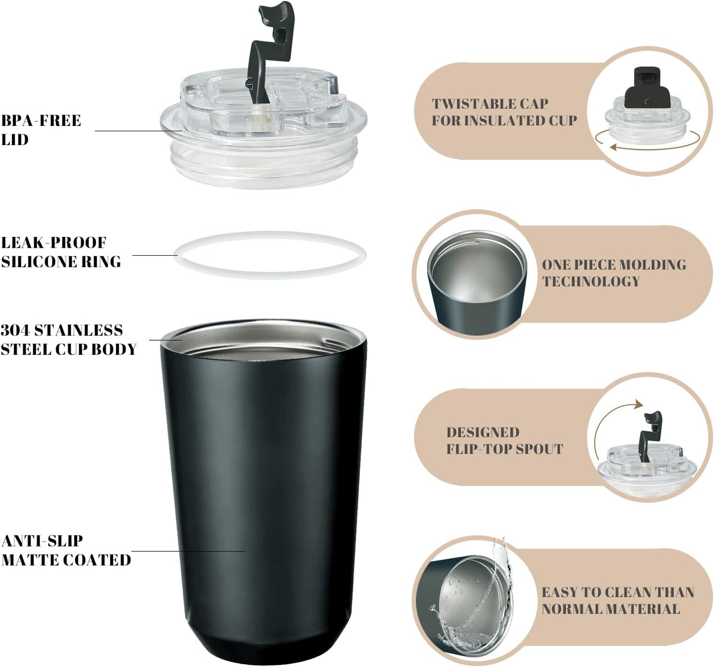 2 Pack Insulated Tumblers with Lid, 14 Oz Travel Coffee Mug Stainless Steel Vacuum Cup, Leak Proof Double Walled Coffee Tumbler for Iced and Hot Drinks, Black and Cream