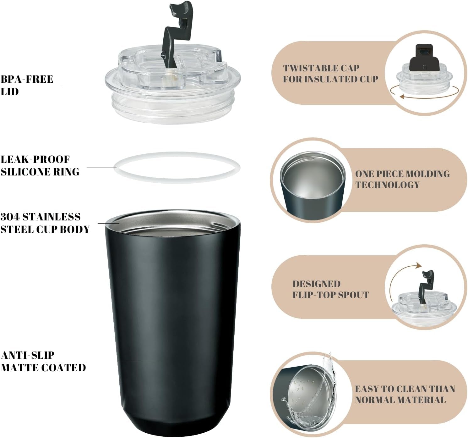 2 Pack Insulated Tumblers with Lid, 14 Oz Travel Coffee Mug Stainless Steel Vacuum Cup, Leak Proof Double Walled Coffee Tumbler for Iced and Hot Drinks, Black and Cream