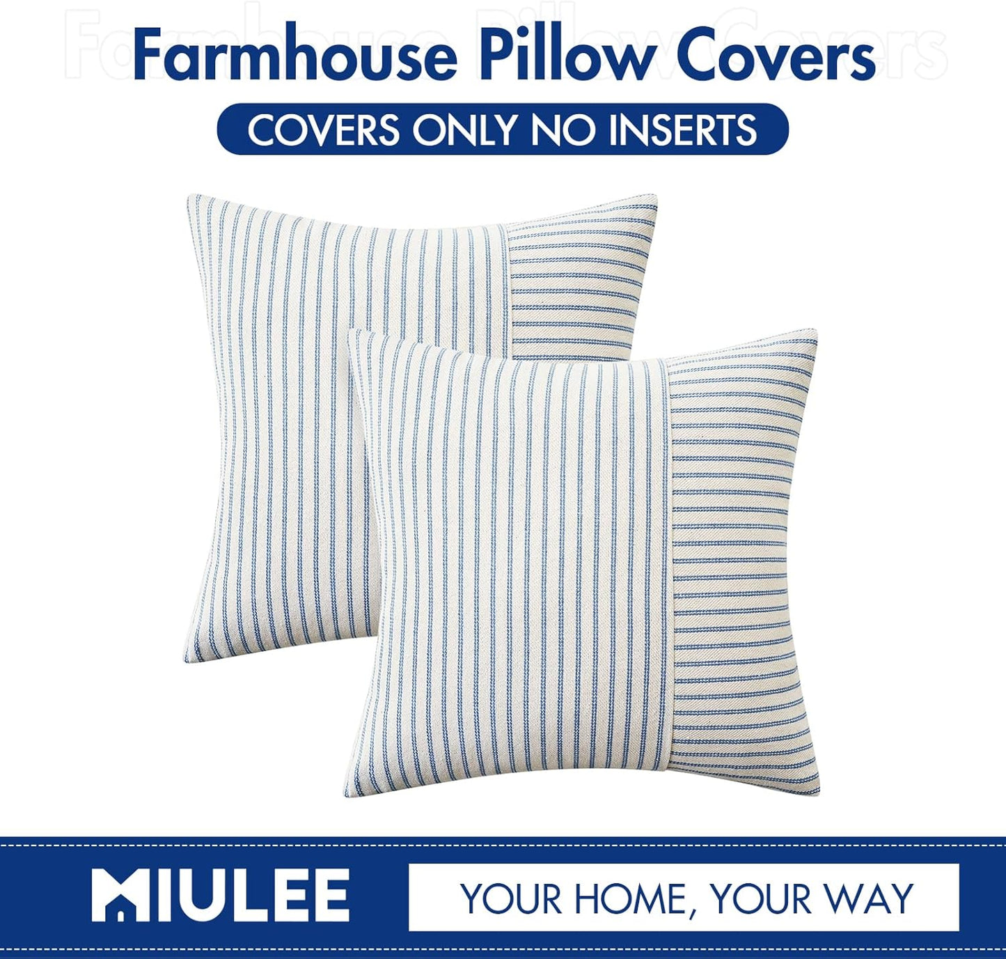 Light Blue and Beige Patchwork Farmhouse Pillow Covers 18X18 Inch, Pack of 2 Striped Linen Spring Decorative Modern Accent Pillow Cases for Sofa Couch Bedroom