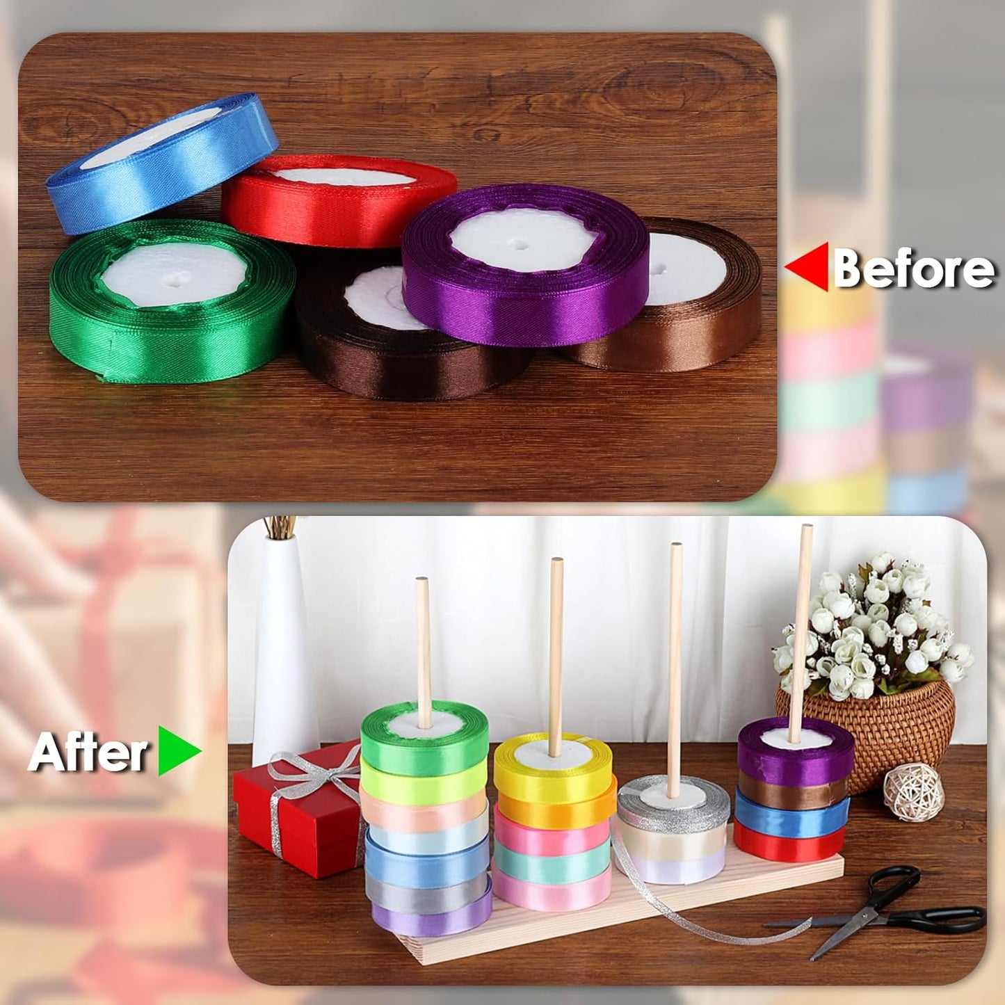 Wooden Ribbon Organizer and Storage Solution for Crafting and Gift Wrapping