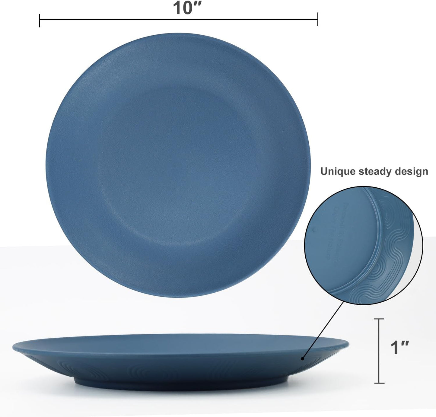 Set of 8 Unbreakable Wheat Straw Flat Dinner Plates - Microwave and Dishwasher Safe, Perfect for Camping and Salads (Blue, 10 Inch)