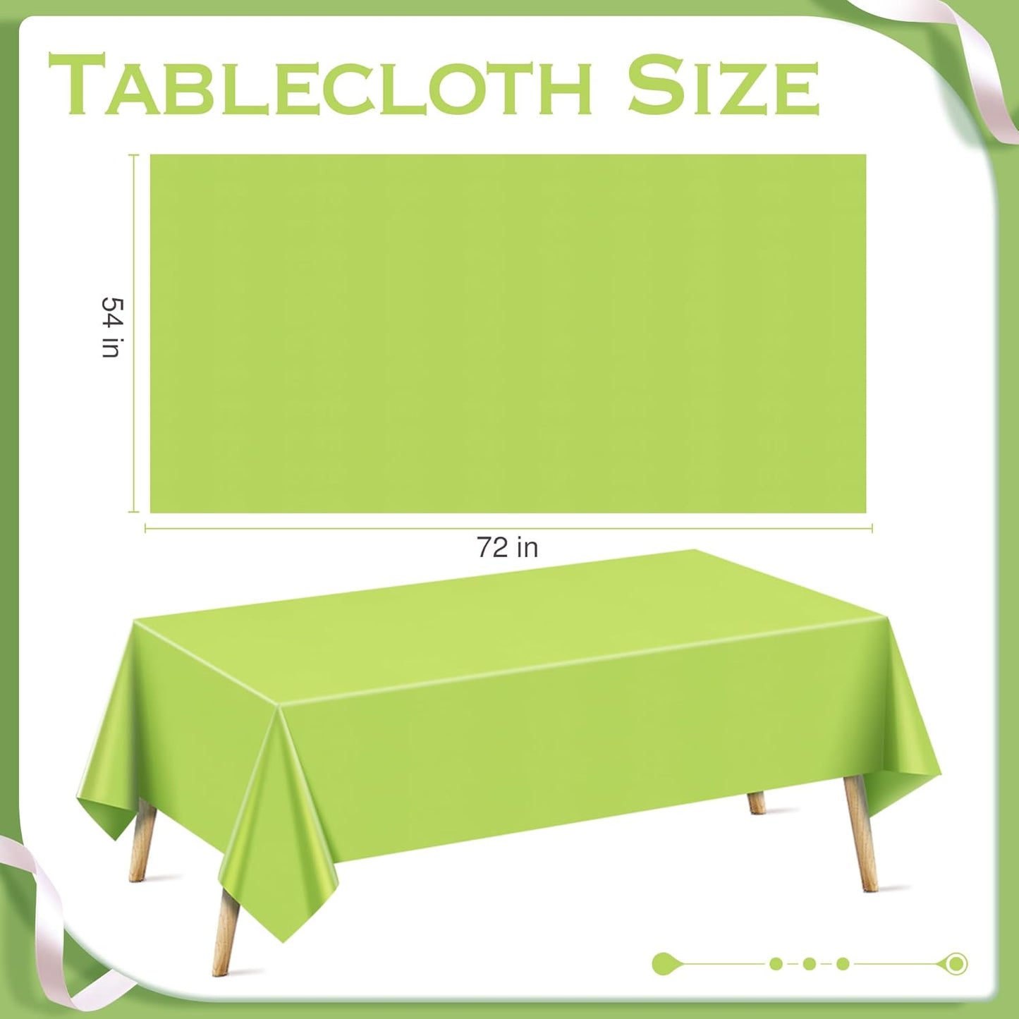 Set of 4 Lime Green Rectangle Tablecloths, 54x72 Inches, Waterproof and Spillproof Disposable Plastic Covers, Durable for Dining, Buffets, Picnics, and Outdoor Events
