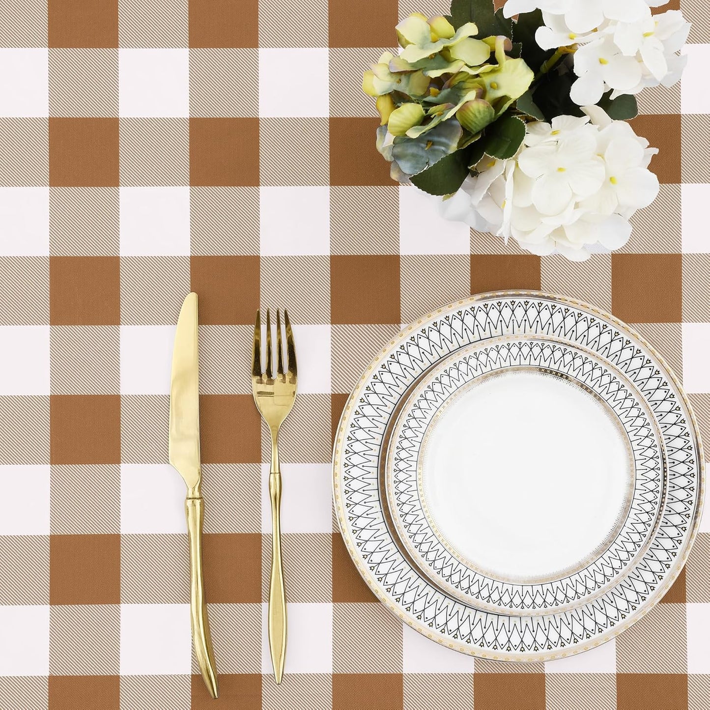 Buffalo Rectangle Picnic Tablecloth, 6 Foot Elastic Fitted Vinyl Table Cloth with Flannel Backing, Waterproof Plaid Table Covers for Dining, Camping, Outdoor (Brown and White, 30" X 72")