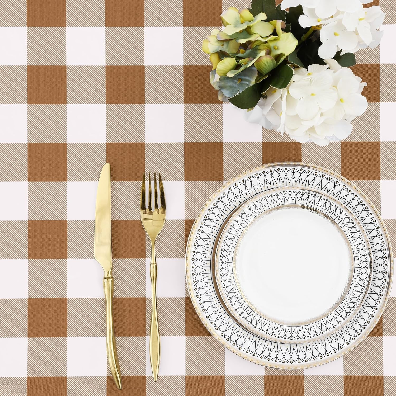 Buffalo Rectangle Picnic Tablecloth, 6 Foot Elastic Fitted Vinyl Table Cloth with Flannel Backing, Waterproof Plaid Table Covers for Dining, Camping, Outdoor (Brown and White, 30" X 72")