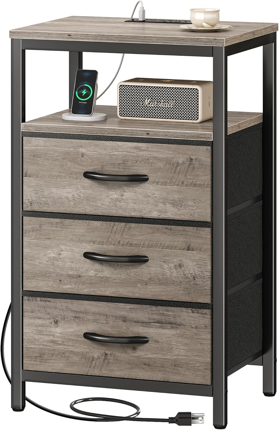 27.6-Inch Nightstand with Charging Station, End Table Featuring USB Ports and Outlets, Bedroom Night Stand with Fabric Drawers in Oak Finish