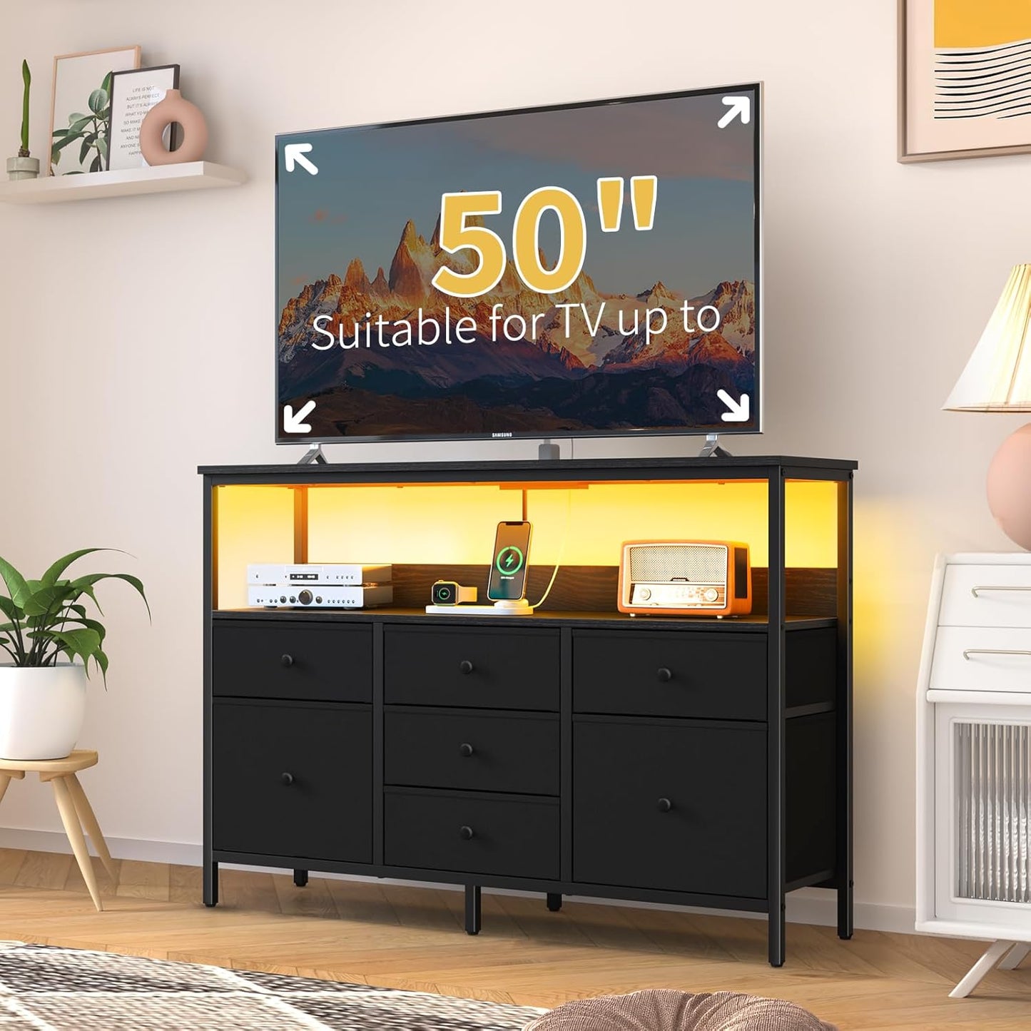 LED TV Stand for Bedroom, 50 Inch Kids Dresser with Power Outlets, 7 Drawers Entertainment Center with Storage Shelf, TV Stands Dresser for Bedroom, Living Room, TV Console Entertainment Stand