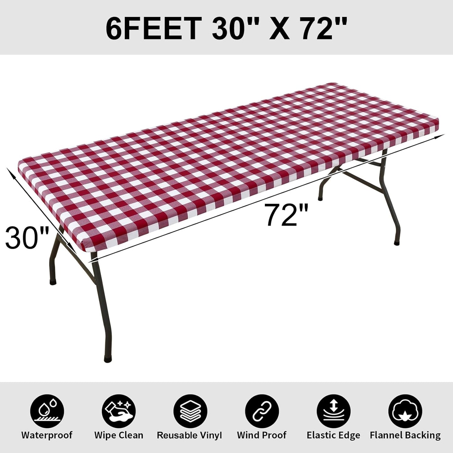 Rectangle Picnic Table Cloth, Elastic Waterproof Fitted Vinyl Tablecloths, Flannel Backed Buffalo Plaid Table Covers for Dining, Camping, Outdoor (Burgundy and White, 30" X 72")