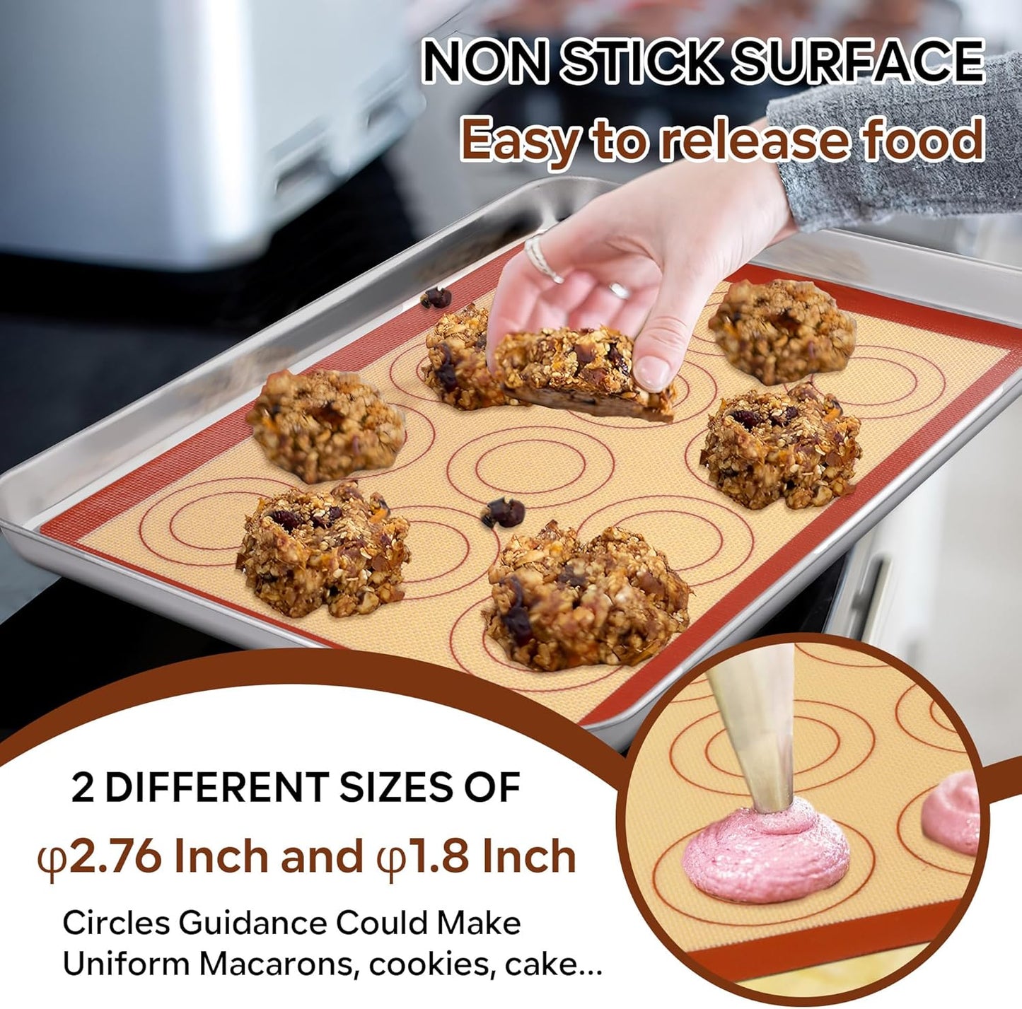 15 Inch Silicone Baking Mats, 2 Pcs Reusable Silicone Oven Mat, Non Stick Baking Supplies for Macaroon Pastry Bread Dough Cookie, Fits Well with Sheet Pan, Healthy & Easy Clean