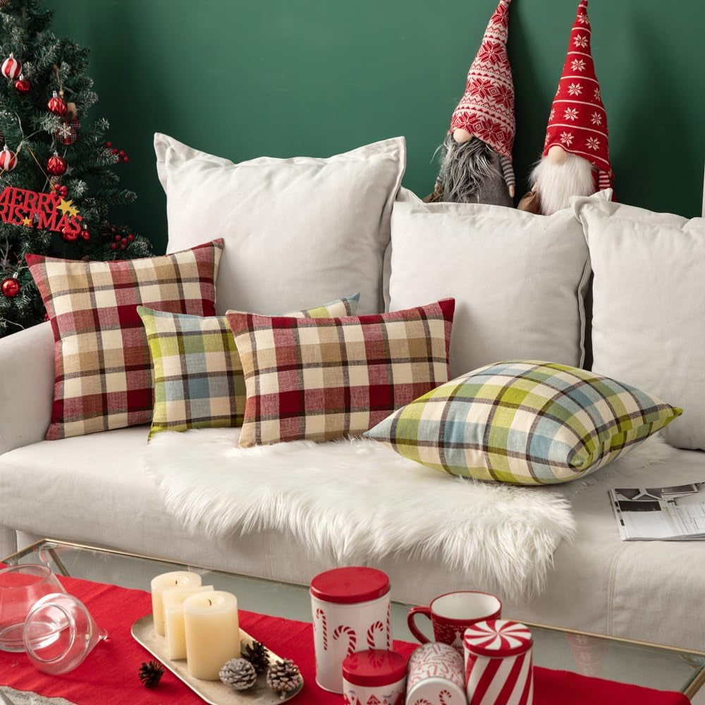 Pack of 2 Christmas Decorative Pillow Covers Check Buffalo Plaids Pillowcase Tartan Linen Rustic Farmhouse Square for Bench Sofa Couch Car Bedroom Red and Tan 18X18 Inch