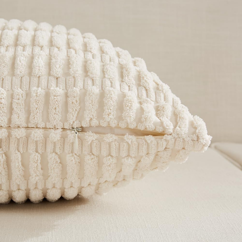 2 Packs Boho Decorative Throw Pillow Covers 18X18 Inch for Living Room Couch Bed Sofa, Rustic Modern Farmhouse Home Decor, Soft Corduroy Cream Square Cushion Case 45X45 Cm