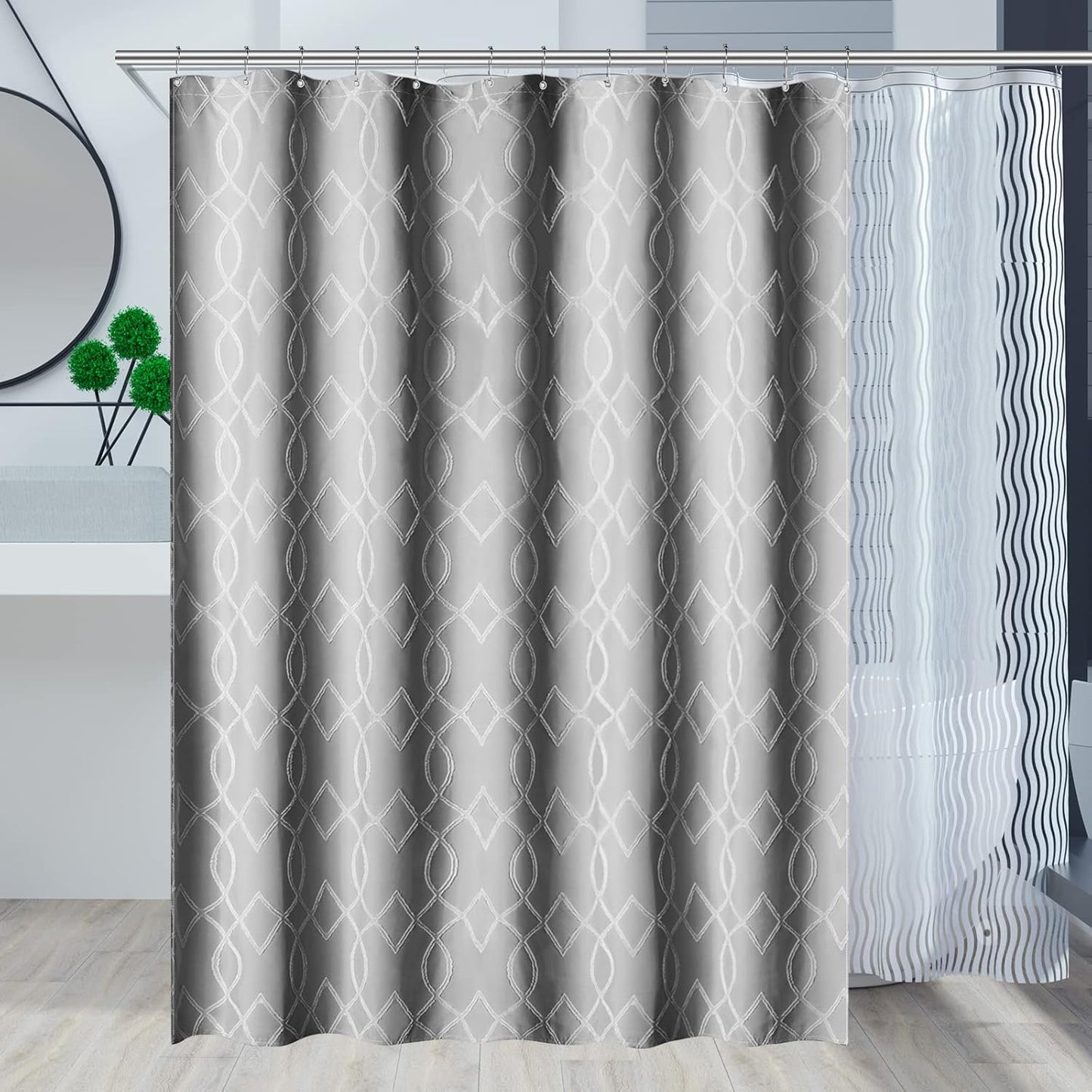 Shower Curtain, Small Half Size Stall Shower Curtain 72 X 72 Inch, Geometric Modern & Chic, Textured & Machine Washable with 6 Hooks, Suitable for Narrow Bathroom (Light Grey)