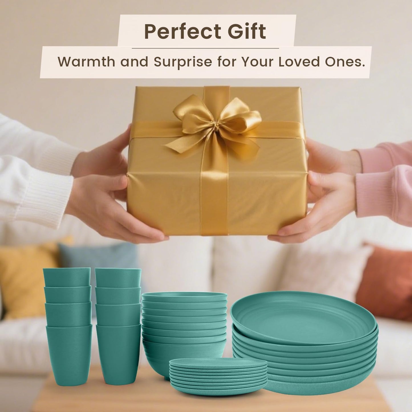 Wheat Straw 32-Piece Dinnerware Set for 8 - Durable and Lightweight Plates and Bowls for Camping, Outdoor Adventures, and RV Use, Microwave and Dishwasher Safe - Green