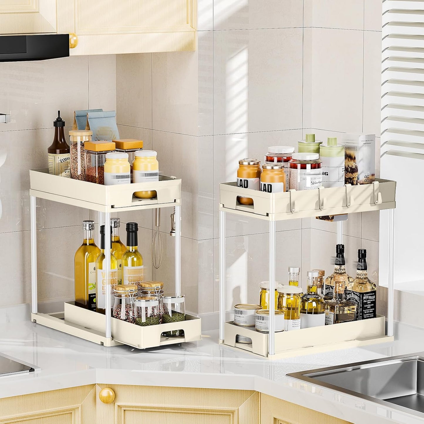 under Sink Organizers and Storage, 2 Pack Pull Out Kitchen Bathroom Cabinet Organizer, 2 Tier Beige under Sink Storage for Bathroom Kitchen