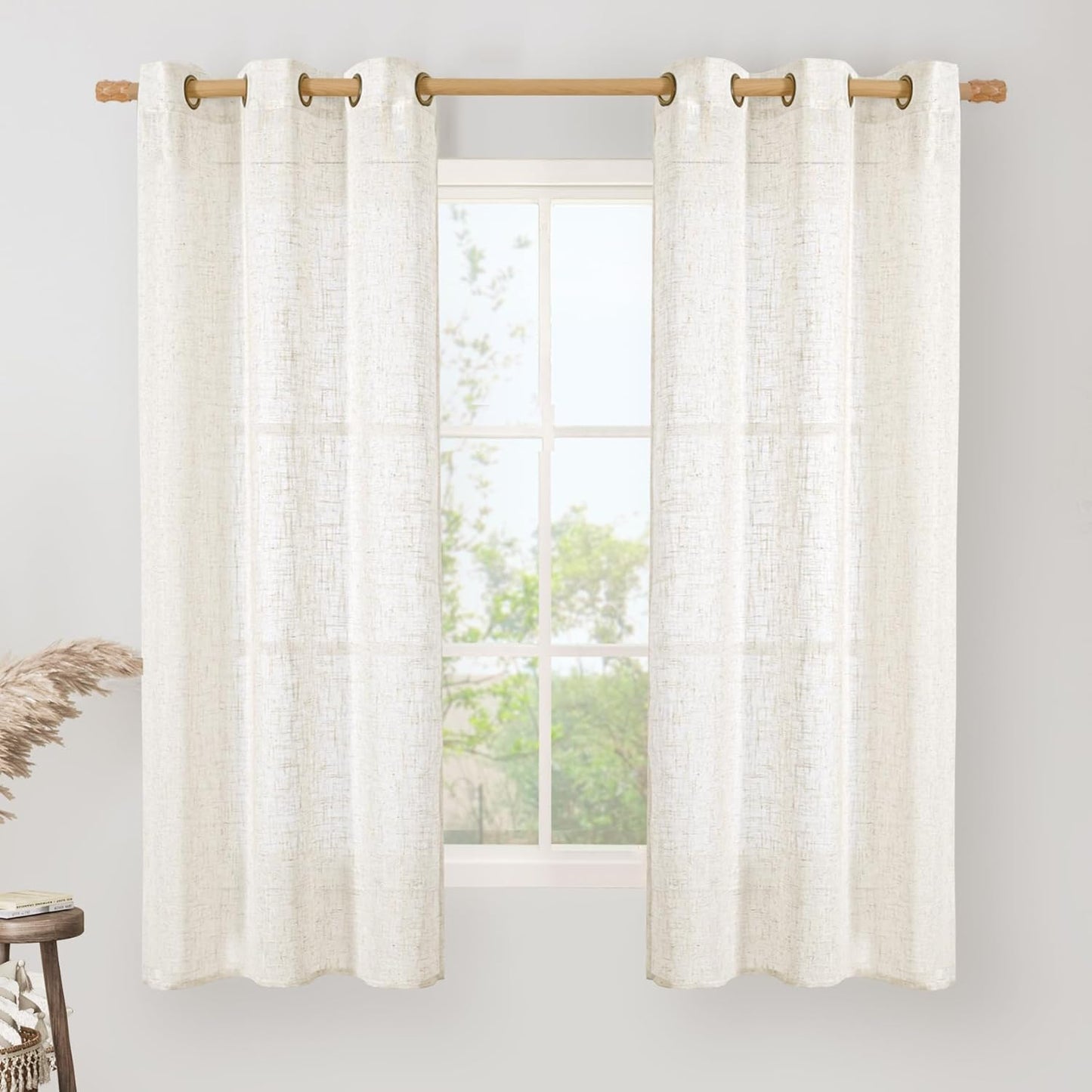 Linen Semi Sheer Curtains 63 Inch Length 2 Panels, Light Filtering Neutral Window Bedroom Curtains Farmhouse Boho Bronze Grommet Drapes for Kitchen/Living Room, Cream, 34 X 63 Inch