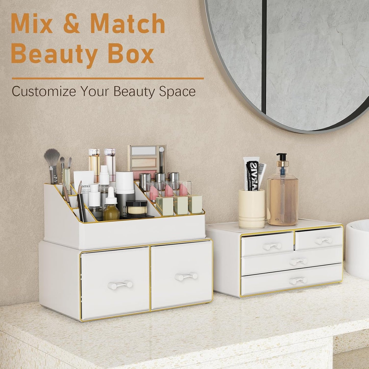 3-Tier 6-Drawer Makeup Organizer Countertop | Cosmetic Organizer for Dresser and Vanity | Bathroom Organizers and Storage for Lipstick Brush Skincare Perfume, Nail Polish(White with Gold Edges)